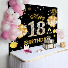 Lofaris Black Gold Sparkle Balloons 18th Birthday Backdrop