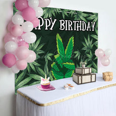 Lofaris Black Green Cannabis Leaves Happy Birthday Backdrop