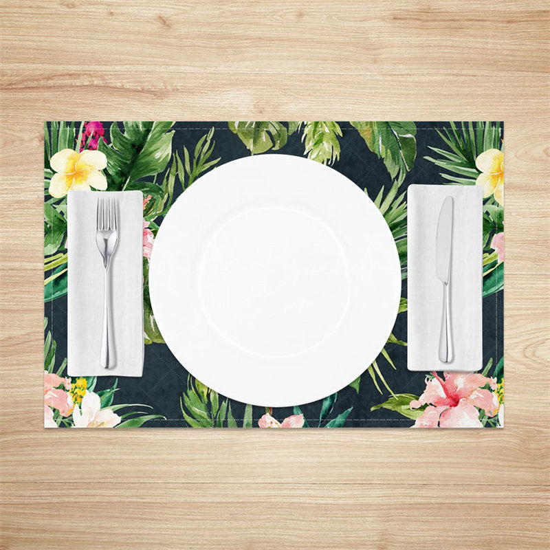 Lofaris Black Green Monstera Pink Floral Set Of 4 Placemats