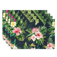 Lofaris Black Green Monstera Pink Floral Set Of 4 Placemats