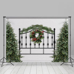 Lofaris Black Iron Fence Christmas Wreath Trees Party Backdrop