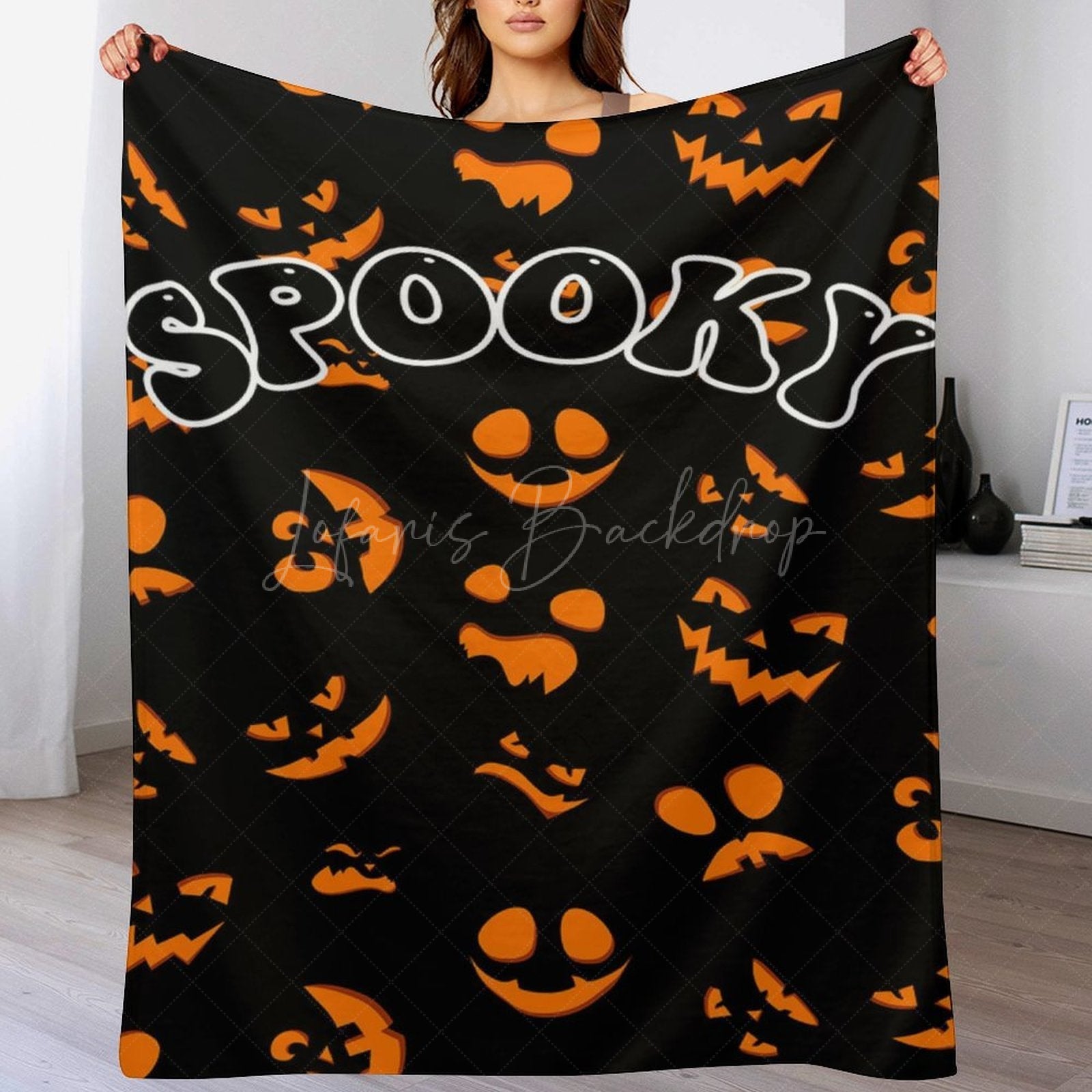 Lofaris Black Orange Spooky Halloween Custom Text Blanket