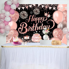 Lofaris Black Pink Balloons Stars Cake Birthday Backdrop