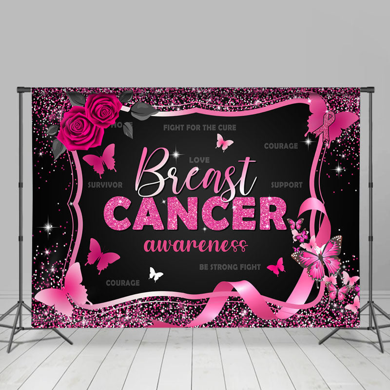 Black Pink Rose Butterfly Breast Cancer Backdrop - Lofaris