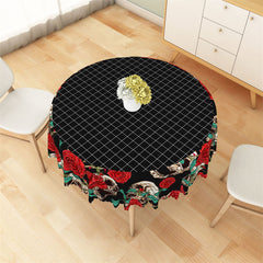 Lofaris Black Plaid Bones Floral Halloween Round Tablecloth