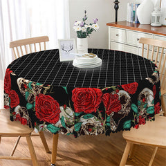 Lofaris Black Plaid Bones Floral Halloween Round Tablecloth