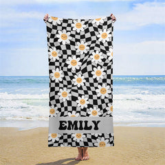 Lofaris Black Plaid Daisy Floral Custom Name Beach Towel