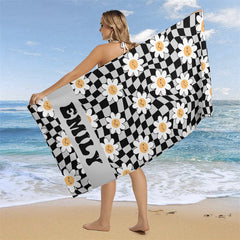 Lofaris Black Plaid Daisy Floral Custom Name Beach Towel