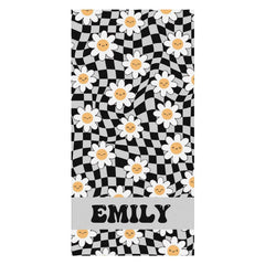 Lofaris Black Plaid Daisy Floral Custom Name Beach Towel