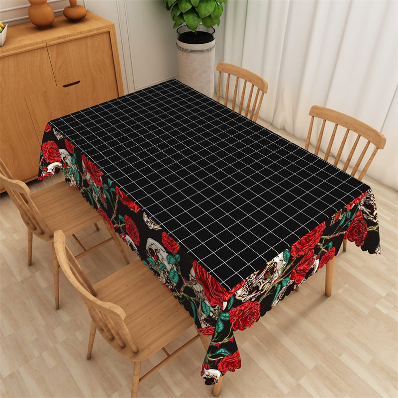 Lofaris Black Plaid Rose And Skull Edge Halloween Tablecloth