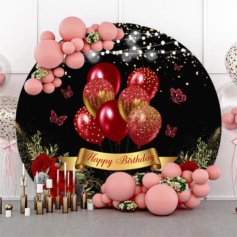 Lofaris Black Red Floral Balloons Round Birthday Backdrop