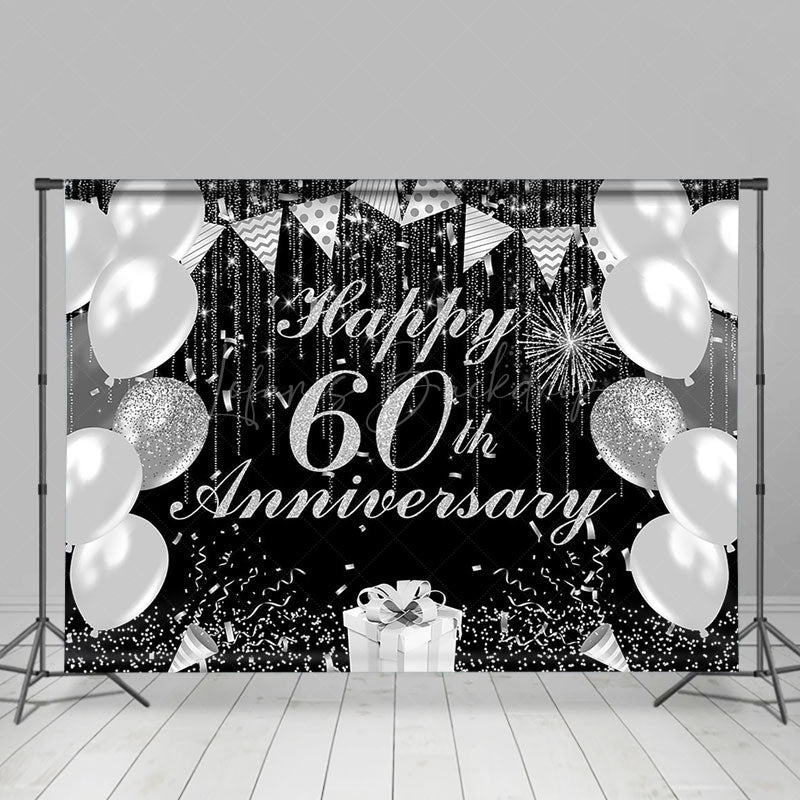 Lofaris Black Silver Balloon Happy 60th Anniversary Backdrop