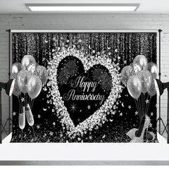 Lofaris Black Silver Balloons Happy Anniversary Backdrop