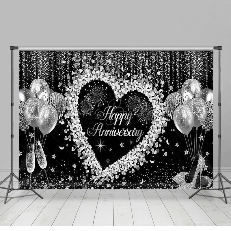 Lofaris Black Silver Balloons Happy Anniversary Backdrop