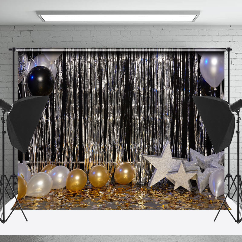 Lofaris Black Silver Gold Balloon Stars Cake Smash Backdrop