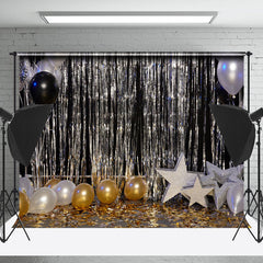 Lofaris Black Silver Gold Balloon Stars Cake Smash Backdrop