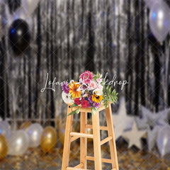 Lofaris Black Silver Gold Balloon Stars Cake Smash Backdrop