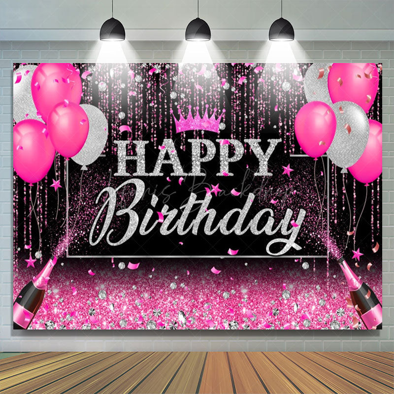 Lofaris Black Silver Pink Balloons Happy Birthday Backdrop