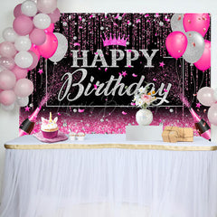 Lofaris Black Silver Pink Balloons Happy Birthday Backdrop