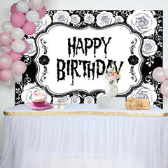 Lofaris Black White Floral Halloween Happy Birthday Backdrop