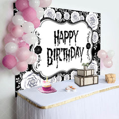 Lofaris Black White Floral Halloween Happy Birthday Backdrop