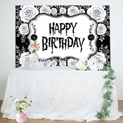 Lofaris Black White Floral Halloween Happy Birthday Backdrop