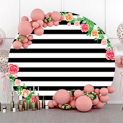 Lofaris Black White Floral Stripe Birthday Round Backdrop