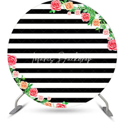 Lofaris Black White Floral Stripe Birthday Round Backdrop