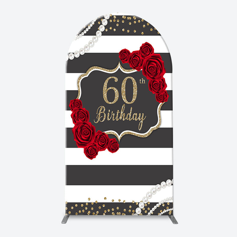 Lofaris Black White Rose Stripe 60th Birthday Arch Backdrop