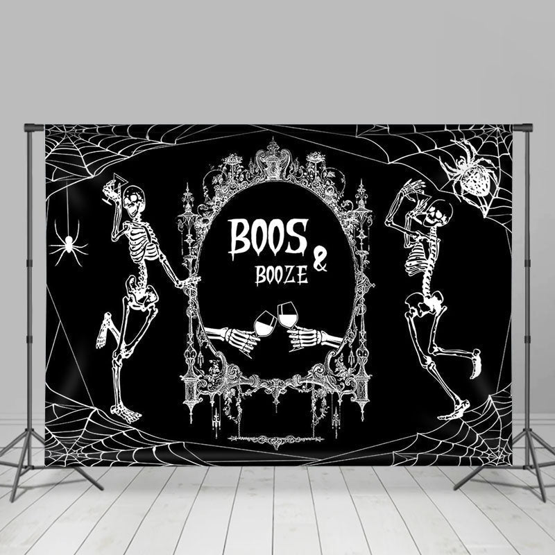 Lofaris Black White Skeleton Boos Booze Halloween Backdrop