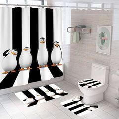 Lofaris Black White Stripe Cute Four Penguins Shower Curtain