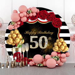 Lofaris Black White Stripe Rose Round 50th Birthday Backdrop