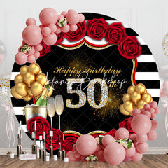 Lofaris Black White Stripe Rose Round 50th Birthday Backdrop