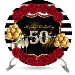 Lofaris Black White Stripe Rose Round 50th Birthday Backdrop