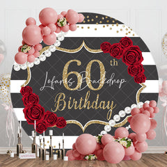 Lofaris Black White Stripe Rose Round 60th Birthday Backdrop