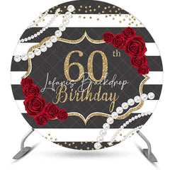 Lofaris Black White Stripe Rose Round 60th Birthday Backdrop