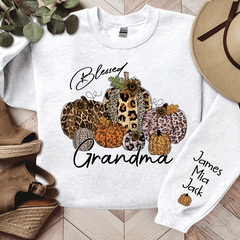 Lofaris Personalized Blessed Grandma Vintage Fall Leopard Pumpkin And Grandkids Sweatshirt