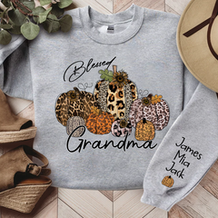 Lofaris Personalized Blessed Grandma Vintage Fall Leopard Pumpkin And Grandkids Sweatshirt