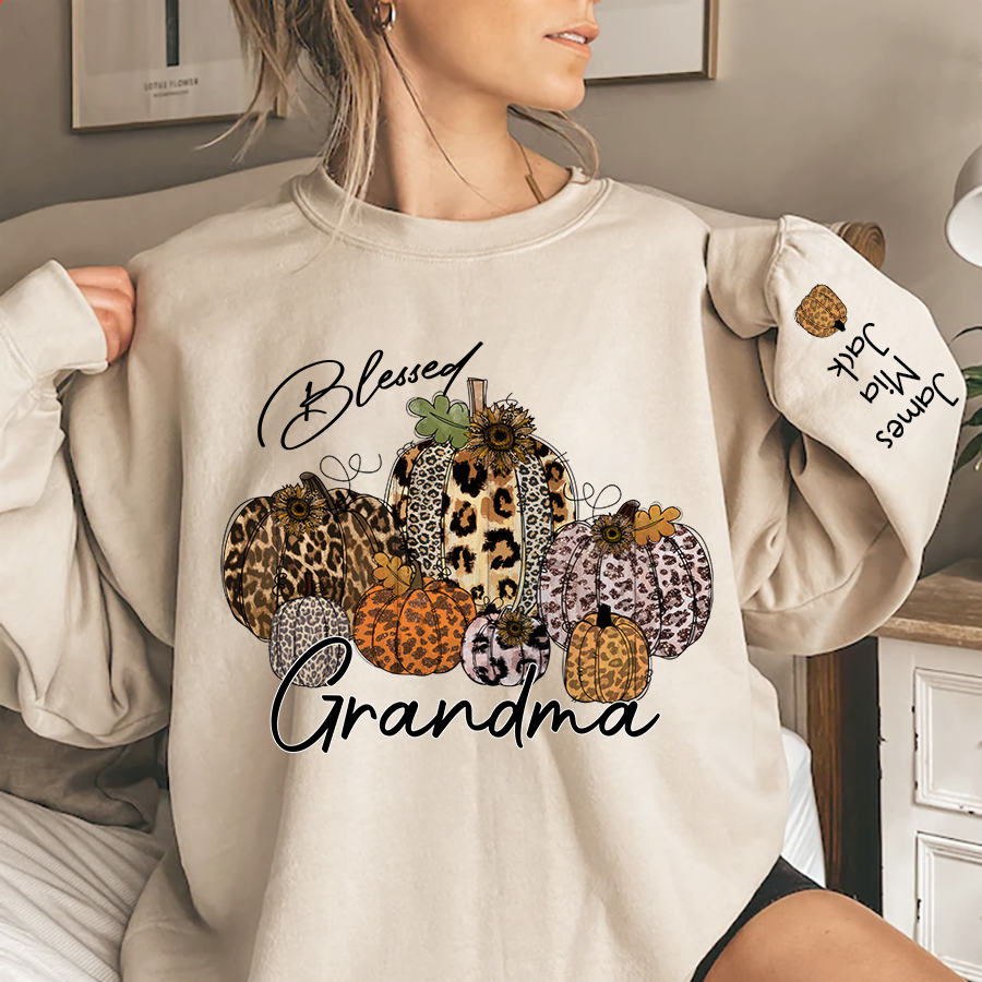 Lofaris Personalized Blessed Grandma Vintage Fall Leopard Pumpkin And Grandkids Sweatshirt