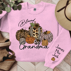 Lofaris Personalized Blessed Grandma Vintage Fall Leopard Pumpkin And Grandkids Sweatshirt