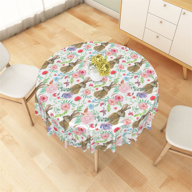 Lofaris Blooming Flowers Rabbit Pattern Round Tablecloth