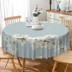 Lofaris Blooming White Flowers Grayish Blue Round Tablecloth