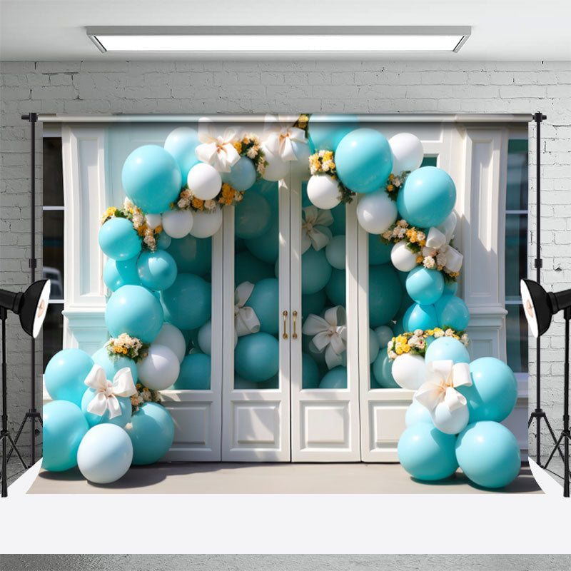 Lofaris Blue Arch Balloons And White Door Birthday Backdrop