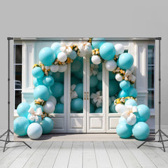 Lofaris Blue Arch Balloons And White Door Birthday Backdrop