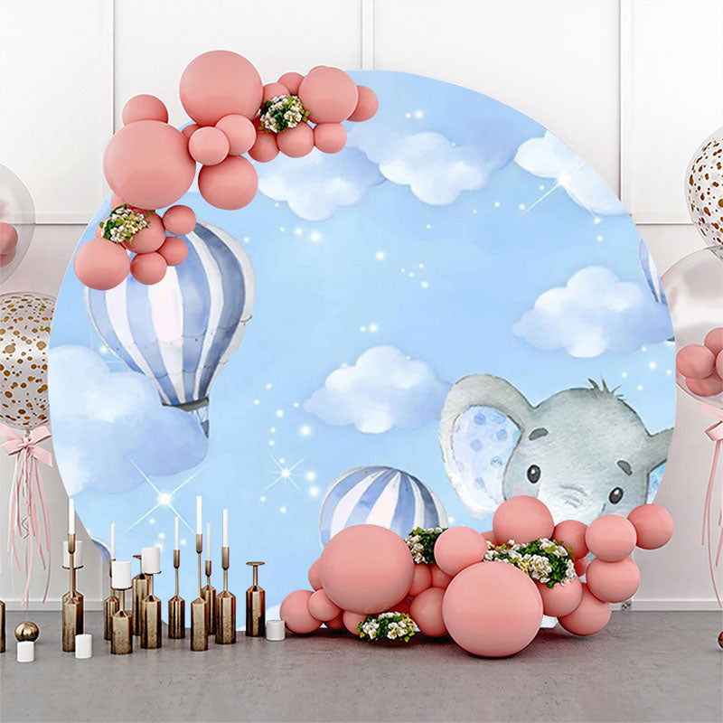 Lofaris Blue Balloon Elephant Sky Round Baby Shower Backdrop