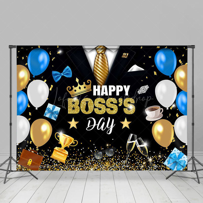 Lofaris Blue Balloons Black Suit Happy Bosss Day Backdrop