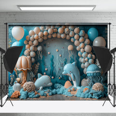 Lofaris Blue Balloons Jellyfish Dolphin Cake Smash Backdrop