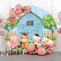 Lofaris Blue Barn Animals Grass Tree Round Birthday Backdrop