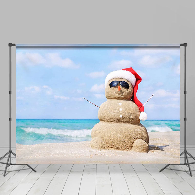 Lofaris Blue Beach Sandy Snowman Christmas In July Backdrop