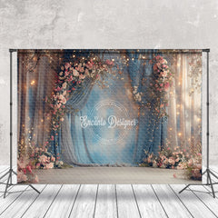 Lofaris Blue Beige Curtain Dim Light Pink Floral Backdrop